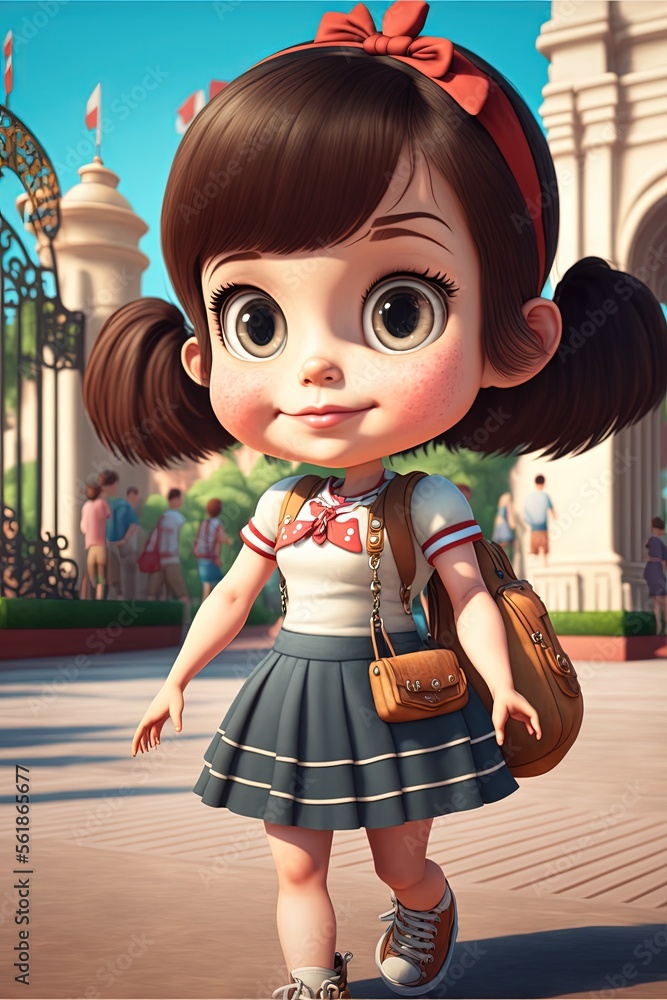 Aufkleber a cartoon girl with a purse and a purse on her shoulder walking down a street in front of a castle w