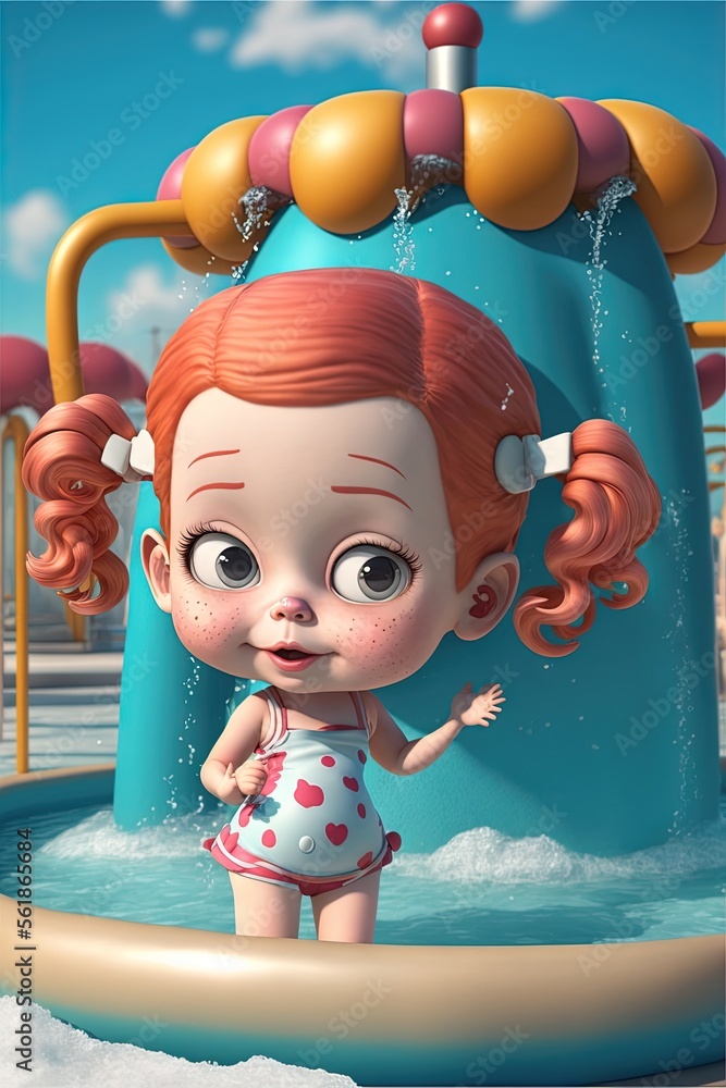 Poster a cartoon girl in a pool with a fountain in the background and a sky background with clouds and a bl