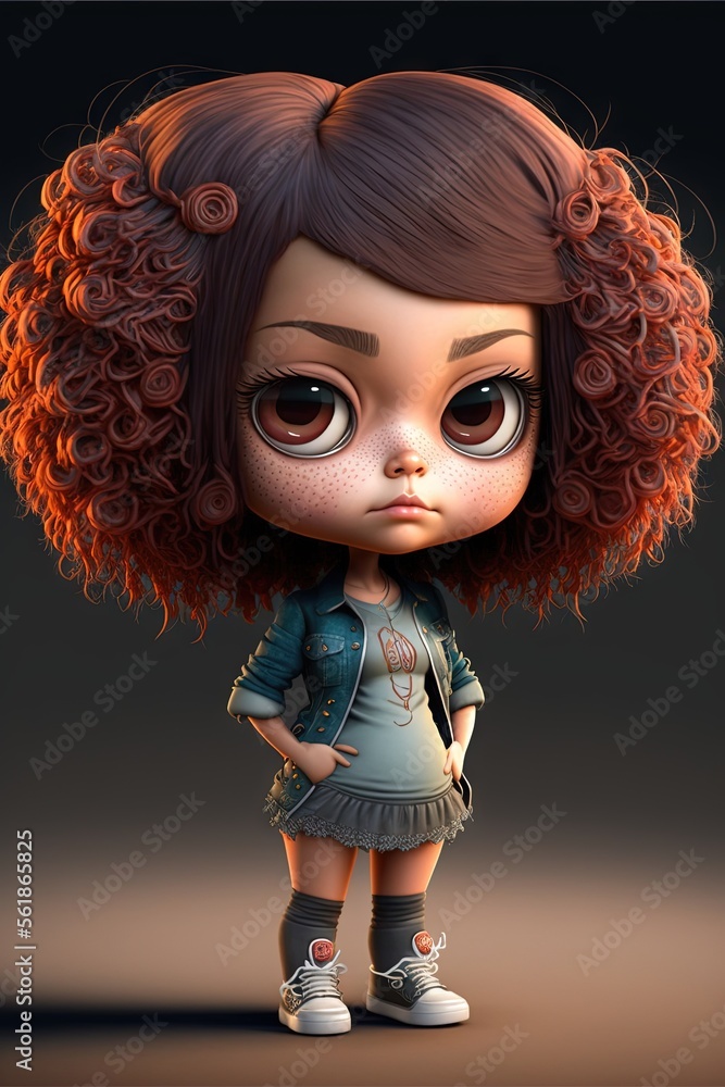 Poster a cartoon girl with red hair and a blue jacket on, standing in front of a dark background with a bla