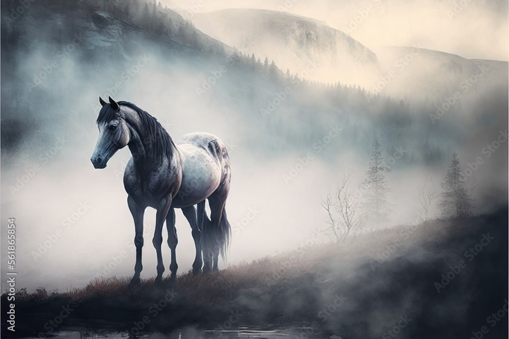 Poster a horse standing on a hill with fog in the air and mountains in the background, with a lake in the f