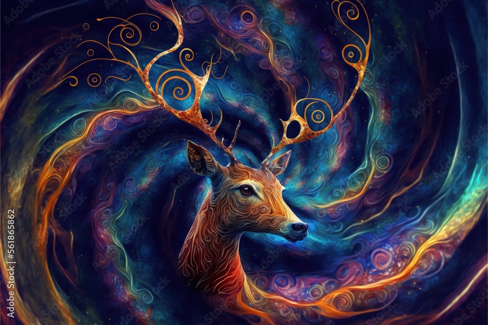 Poster a painting of a deer with a colorful swirl in the background and a blue background with swirls and s