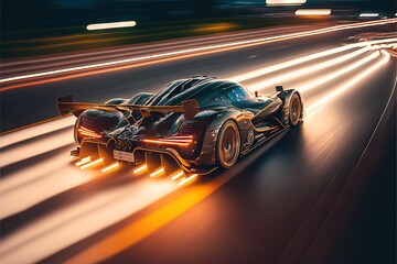  a car driving down a road with lights on it's side and a blurry background of the road and the car is driving fast and fast, with the lights on the road. generative ai