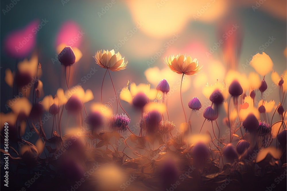 Poster a field of flowers with the sun shining through the clouds in the background and a blurry background