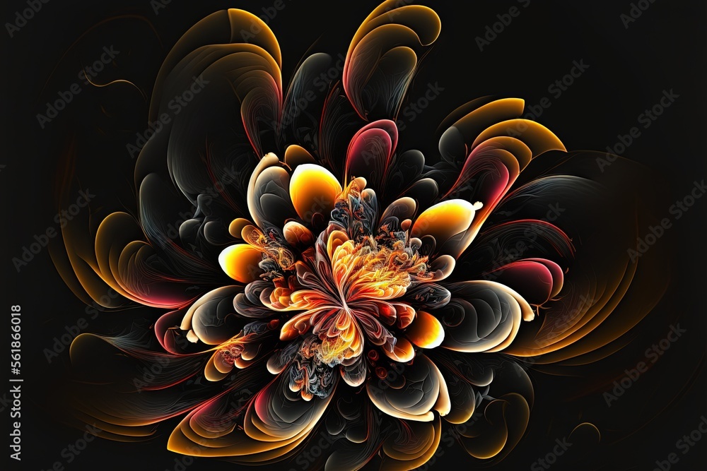 Poster a computer generated image of a flower on a black background with a yellow center and a red center i