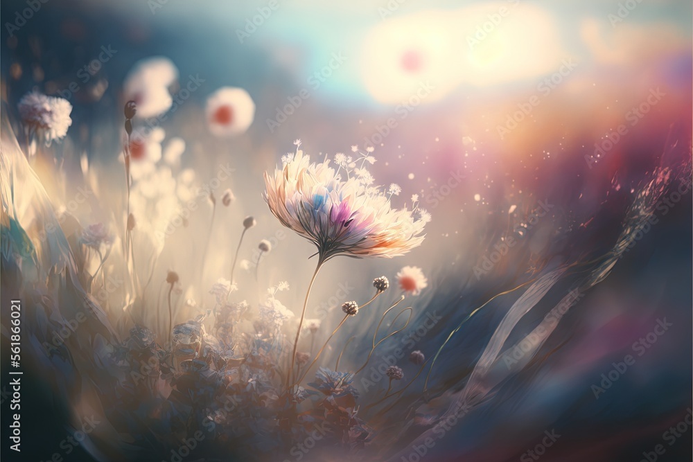 Poster a painting of a flower in a field of grass with the sun shining through the clouds in the background