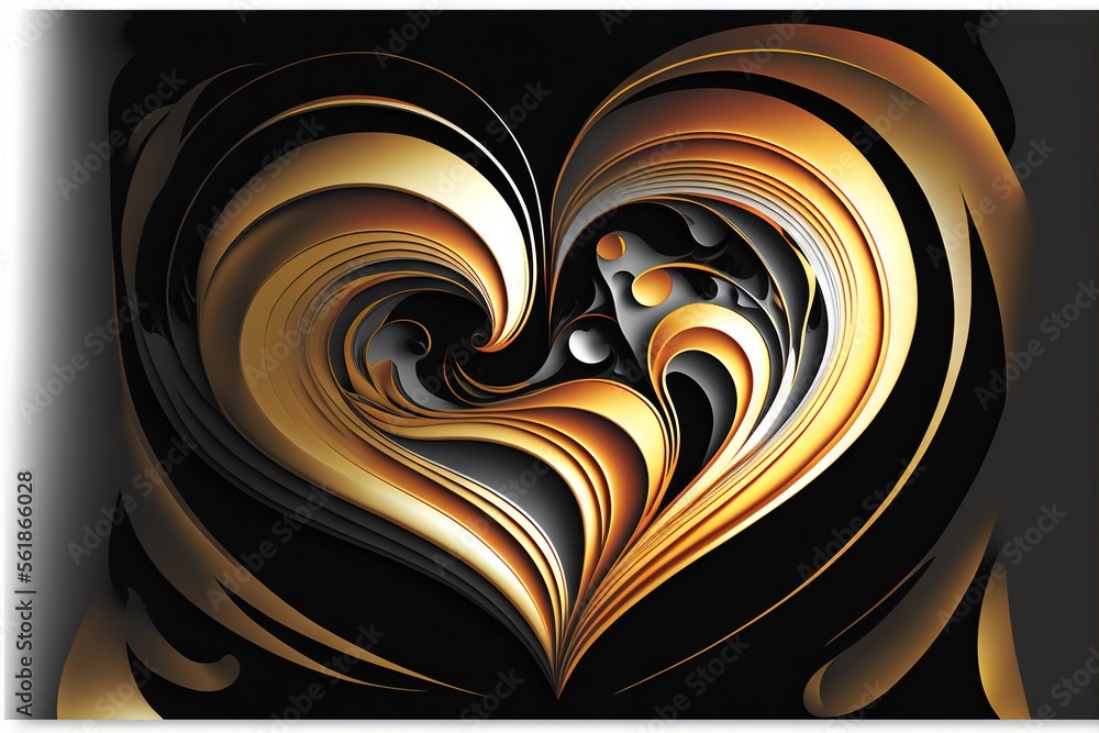 Poster a heart shaped abstract design with gold and black colors on a black background with a white border 