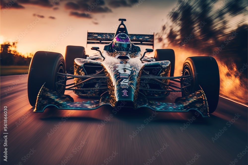 Poster a racing car driving down a road with a sky background and trees in the background, with a blurry im
