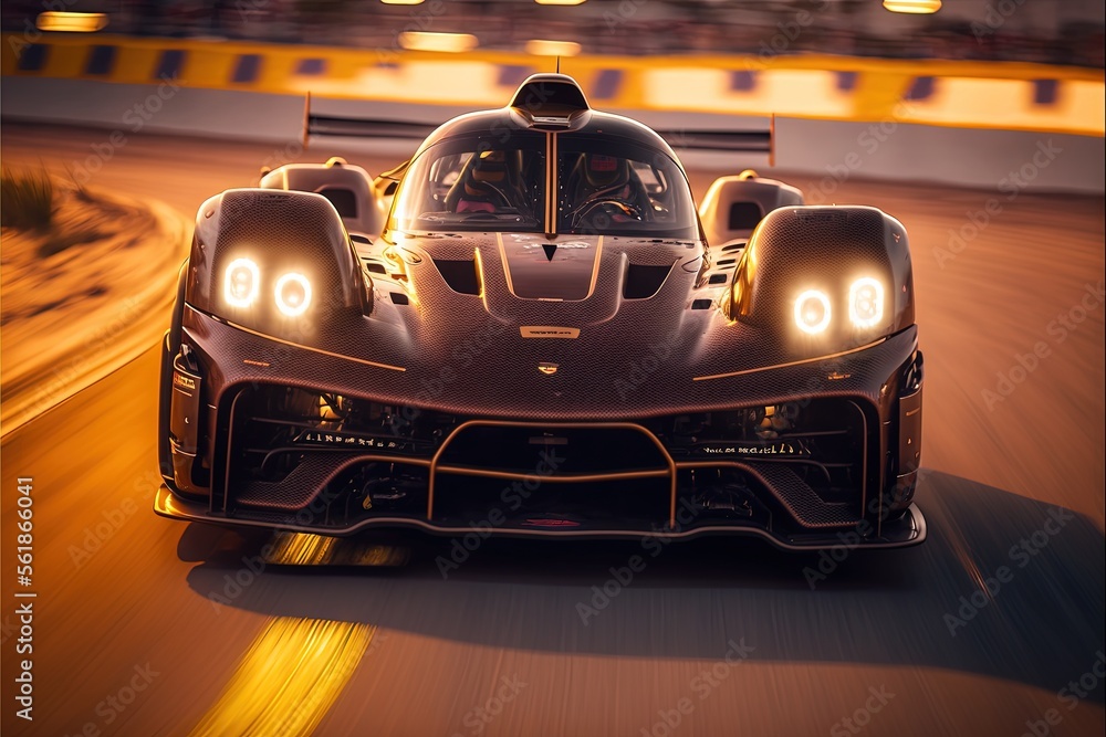 Poster a race car driving on a track at night time with lights on the front of it's headlights and a number