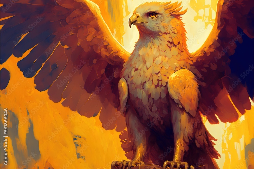 Poster a painting of a bird with wings spread out and a yellow background with a yellow sky in the backgrou