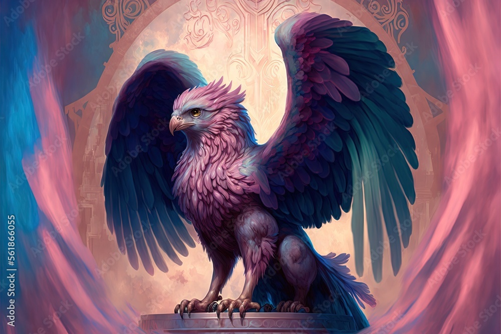 Aufkleber a bird with a large wing is standing on a pedestal with a moon in the background and a pink and blue