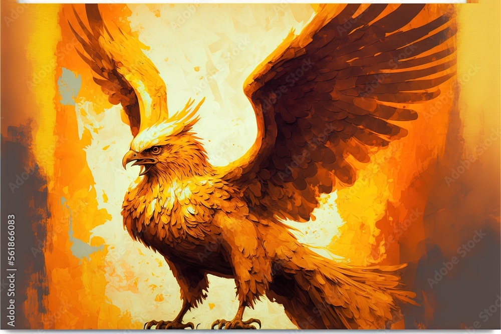 Poster a painting of a bird with wings spread out and a yellow background with a white border around it and