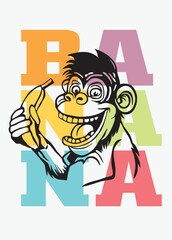 T-shirt graphic design. Monkey with a banana on a light gray background and colorful typography. Vector illustration.