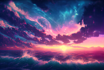 Naklejka premium Anime style beautiful sunset at sea with dramatic clouds and waves. Purple, blue and pink colors. Generative AI.