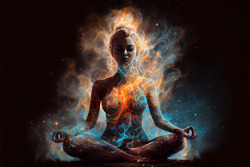 Fototapeta Esoteric spiritual meditation concept, woman meditating in lotos position obraz