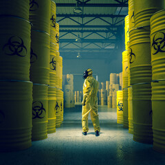 man in yellow protective suit in warehouse with metal drums with radioactive waste