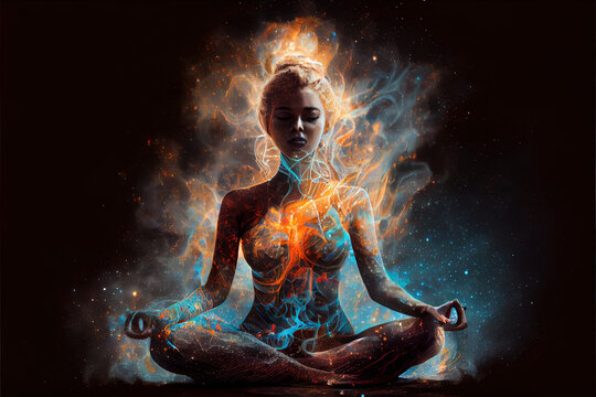 Esoteric spiritual meditation concept, woman meditating in lotos position