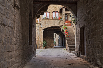 Viterbo, Lazio, Italy: the medieval district San Pellegrino in the old town of the ancient city, along the Via Francigena route - 561866801