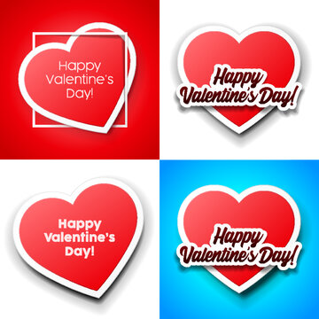 Banner Valentines Day Double Red Heart Paper Sticker, Postcard, Greeting Card, Banner, With Shadow On Blue And Red Background Valentine's Day. Vector Illustration Postcard EPS10
