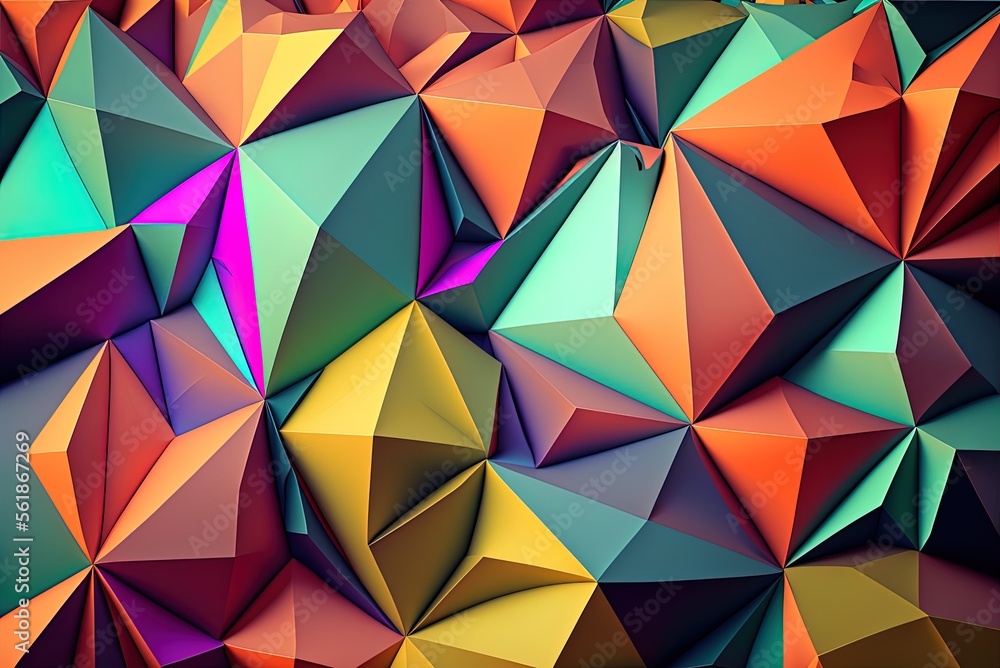 Poster triangular pyramids on a polygonal surface in a variety of colors. a contemporary, colorful texture.