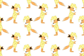 Seamless pattern with cartoon foxes in pajamas with rabbits and a nightcap on white background. Wallpaper for children's room. Website banner for a children's clothing store.