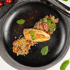 Fresh food serving restaurant egg chicken meat pasta rice tomato salad top down shot healthy low calories meal