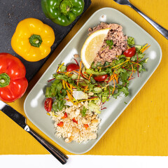 Fresh food serving restaurant egg chicken meat pasta rice tomato salad top down shot healthy low calories meal