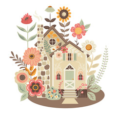 Cottage Core house with flowers vector illustration