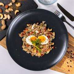 Fresh food serving restaurant egg chicken meat pasta rice tomato salad top down shot healthy low calories meal