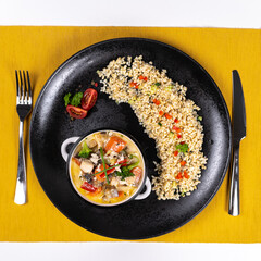 Fresh food serving restaurant egg chicken meat pasta rice tomato salad top down shot healthy low calories meal