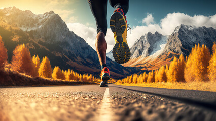 Close-up at the runner feet is start running on asphalt road with beautiful mountain background on autumn season. Sport action and human challenge concept. Generative Ai image.