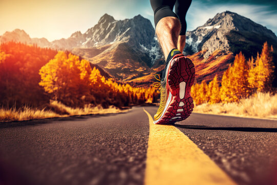 Close-up at the runner feet is start running on asphalt road with beautiful mountain background on autumn season. Sport action and human challenge concept. Generative Ai image.