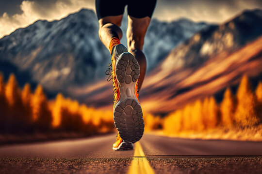 Close-up at the runner feet is start running on asphalt road with beautiful mountain background on autumn season. Sport action and human challenge concept. Generative Ai image.