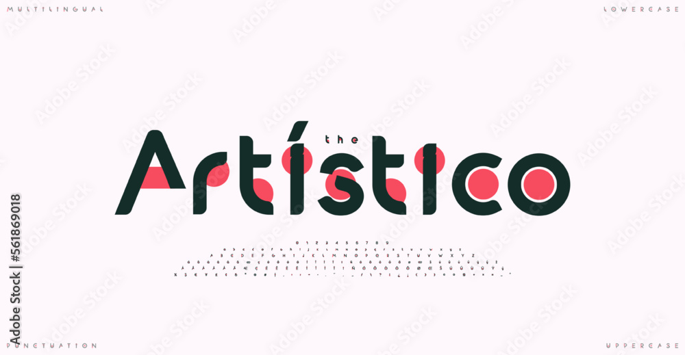 Aufkleber art creative futuristic multilingual typeset, lowercase uppercase letters, numbers, punctuation symb