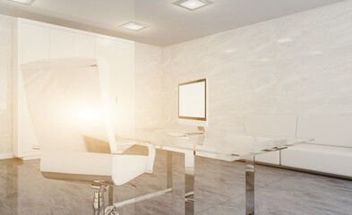 Modern office building interior. 3D rendering.. Sunset.
