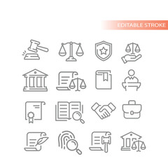 Law, legal and justice vector line icon set. Courthouse, court of law, scales outlined icons.
