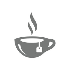 Hot cup of tea with bag filled icon. Mug, teacup with steam vector symbol.