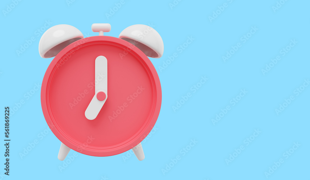 Poster minimal red cartoon alarm clock. 3d rendering. icon on blue background , space for text.