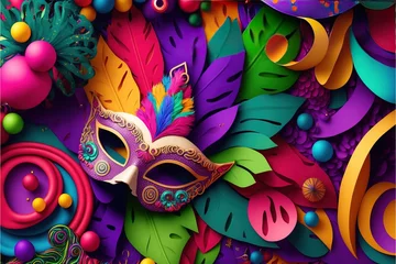 Gordijnen Carnival masks on a purple background. Multicolored illustration of Mardi Gras. 3D illustration. Generative AI © photolas