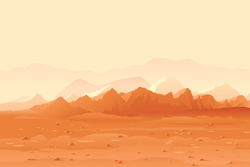Martian orange mountails landscape background, sand hills with stones on a deserted planet, space colonization panorama, planet colonization concept illustration, landscape of Mars planet - obrazy, fototapety, plakaty