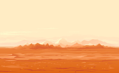 Martian orange surface panorama landscape background on a sunny day, sand hills with stones on a deserted planet, landscape of Mars planet