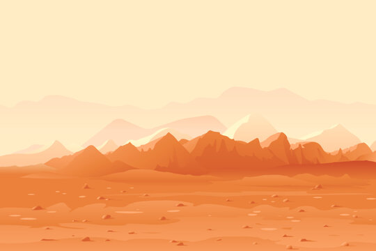 Martian orange mountails landscape background, sand hills with stones on a deserted planet, space colonization panorama, planet colonization concept illustration, landscape of Mars planet