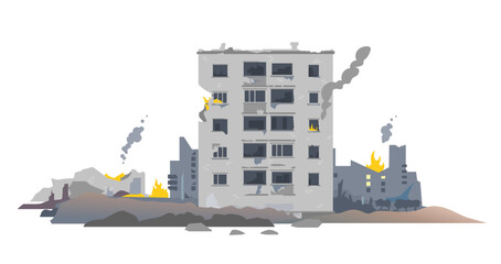 One five-story eastern European destroyed building between the ruins and concrete, war destruction concept illustration isolated on white background