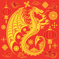Dragon Happy Chinese New Year - Year of the Dragon, with Lanterns, Flowers, Clouds, Asian Golden oriental elements on Red Background Vector illustration