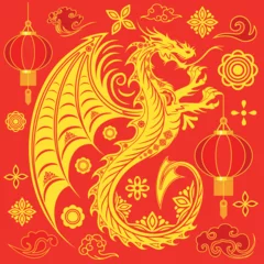 Afwasbaar Fotobehang Draw Dragon Happy Chinese New Year - Year of the Dragon, with Lanterns, Flowers, Clouds, Asian Golden oriental elements on Red Background Vector illustration