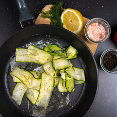 Food preparation chef moment cut sear cook bake season pan fry meat fish cucumber sauce vegetable healthy kitchen