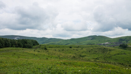 panorama of green hills and valleys in a hazy haze on the horizon in Kislovodsk on a cloudy summer day and space for copying