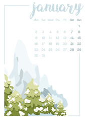 January 2023 calendar month planner with simple drawing, week starts on Monday, template, mock up calendar leaf illustration. Vector graphic page
