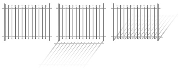 Classic wrought iron fences with shadows on transparent background png; shod metal railing, barrier with peak decorative elements; isolated, cartoon, clipart, graphic