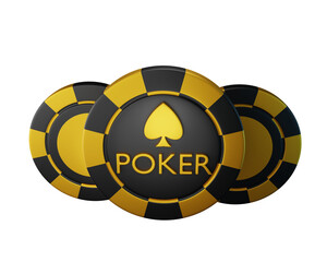 3D poker casino logo, UI game golden icon, blackjack tournament button, luxury VIP chip coin badge. Online trophy, gambling jackpot championship sign on white. 3D poker betting night club design