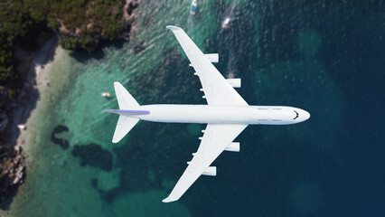 Airplane flying over beach with palm tree, white sand and turquoise ocean